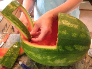 attaching the handle to the watermelon